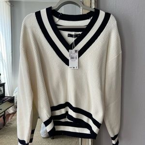 MANGO Navy and White Stripped Vneck Sweater